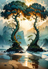 Romantic Seascape Art Print of Intertwined Trees on a Misty Beach Morning