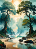 Romantic Seascape Art Print of Intertwined Trees on a Misty Beach Morning