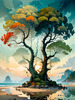 Romantic Seascape Art Print of Intertwined Trees on a Misty Beach Morning