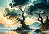 Romantic Seascape Art Print of Intertwined Trees on a Misty Beach Morning