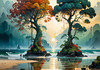 Romantic Seascape Art Print of Intertwined Trees on a Misty Beach Morning