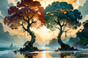 Romantic Seascape Art Print of Intertwined Trees on a Misty Beach Morning