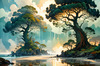 Romantic Seascape Art Print of Intertwined Trees on a Misty Beach Morning