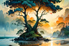 Romantic Seascape Art Print of Intertwined Trees on a Misty Beach Morning