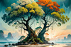 Romantic Seascape Art Print of Intertwined Trees on a Misty Beach Morning