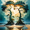 Romantic Seascape Art Print of Intertwined Trees on a Misty Beach Morning