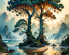 Romantic Seascape Art Print of Intertwined Trees on a Misty Beach Morning