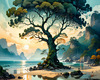 Romantic Seascape Art Print of Intertwined Trees on a Misty Beach Morning