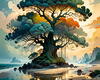 Romantic Seascape Art Print of Intertwined Trees on a Misty Beach Morning