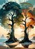 Romantic Seascape Art Print of Intertwined Trees on a Misty Beach Morning