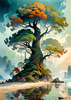 Romantic Seascape Art Print of Intertwined Trees on a Misty Beach Morning