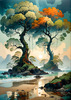 Romantic Seascape Art Print of Intertwined Trees on a Misty Beach Morning