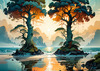 Romantic Seascape Art Print of Intertwined Trees on a Misty Beach Morning