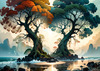 Romantic Seascape Art Print of Intertwined Trees on a Misty Beach Morning