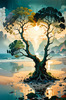 Romantic Seascape Art Print of Intertwined Trees on a Misty Beach Morning