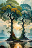 Romantic Seascape Art Print of Intertwined Trees on a Misty Beach Morning