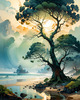 Romantic Seascape Art Print of Intertwined Trees on a Misty Beach Morning