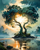Romantic Seascape Art Print of Intertwined Trees on a Misty Beach Morning