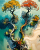 Romantic Seascape Art Print of Intertwined Trees on a Misty Beach Morning
