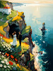 Romantic Landscape Art Print of a Couple on a Seaside Cliff with Wildflowers Overlooking the Horizon