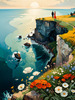 Romantic Landscape Art Print of a Couple on a Seaside Cliff with Wildflowers Overlooking the Horizon
