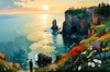 Romantic Landscape Art Print of a Couple on a Seaside Cliff with Wildflowers Overlooking the Horizon