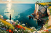 Romantic Landscape Art Print of a Couple on a Seaside Cliff with Wildflowers Overlooking the Horizon