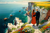 Romantic Landscape Art Print of a Couple on a Seaside Cliff with Wildflowers Overlooking the Horizon