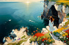 Romantic Landscape Art Print of a Couple on a Seaside Cliff with Wildflowers Overlooking the Horizon