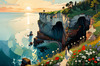 Romantic Landscape Art Print of a Couple on a Seaside Cliff with Wildflowers Overlooking the Horizon