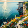 Romantic Landscape Art Print of a Couple on a Seaside Cliff with Wildflowers Overlooking the Horizon