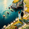 Romantic Landscape Art Print of a Couple on a Seaside Cliff with Wildflowers Overlooking the Horizon