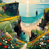 Romantic Landscape Art Print of a Couple on a Seaside Cliff with Wildflowers Overlooking the Horizon