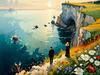 Romantic Landscape Art Print of a Couple on a Seaside Cliff with Wildflowers Overlooking the Horizon