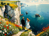 Romantic Landscape Art Print of a Couple on a Seaside Cliff with Wildflowers Overlooking the Horizon