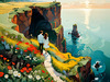 Romantic Landscape Art Print of a Couple on a Seaside Cliff with Wildflowers Overlooking the Horizon