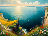 Romantic Landscape Art Print of a Couple on a Seaside Cliff with Wildflowers Overlooking the Horizon