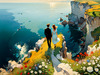 Romantic Landscape Art Print of a Couple on a Seaside Cliff with Wildflowers Overlooking the Horizon