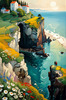 Romantic Landscape Art Print of a Couple on a Seaside Cliff with Wildflowers Overlooking the Horizon