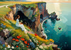 Romantic Landscape Art Print of a Couple on a Seaside Cliff with Wildflowers Overlooking the Horizon
