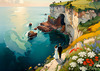 Romantic Landscape Art Print of a Couple on a Seaside Cliff with Wildflowers Overlooking the Horizon