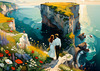 Romantic Landscape Art Print of a Couple on a Seaside Cliff with Wildflowers Overlooking the Horizon
