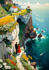 Romantic Landscape Art Print of a Couple on a Seaside Cliff with Wildflowers Overlooking the Horizon