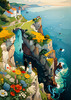 Romantic Landscape Art Print of a Couple on a Seaside Cliff with Wildflowers Overlooking the Horizon