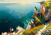 Romantic Landscape Art Print of a Couple on a Seaside Cliff with Wildflowers Overlooking the Horizon