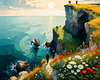 Romantic Landscape Art Print of a Couple on a Seaside Cliff with Wildflowers Overlooking the Horizon