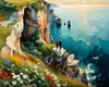 Romantic Landscape Art Print of a Couple on a Seaside Cliff with Wildflowers Overlooking the Horizon