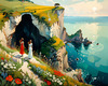 Romantic Landscape Art Print of a Couple on a Seaside Cliff with Wildflowers Overlooking the Horizon