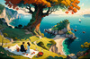 Printable Art of Couple Picnicking by Majestic Cliffs Overlooking Serene Bay