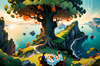 Printable Art of Couple Picnicking by Majestic Cliffs Overlooking Serene Bay
